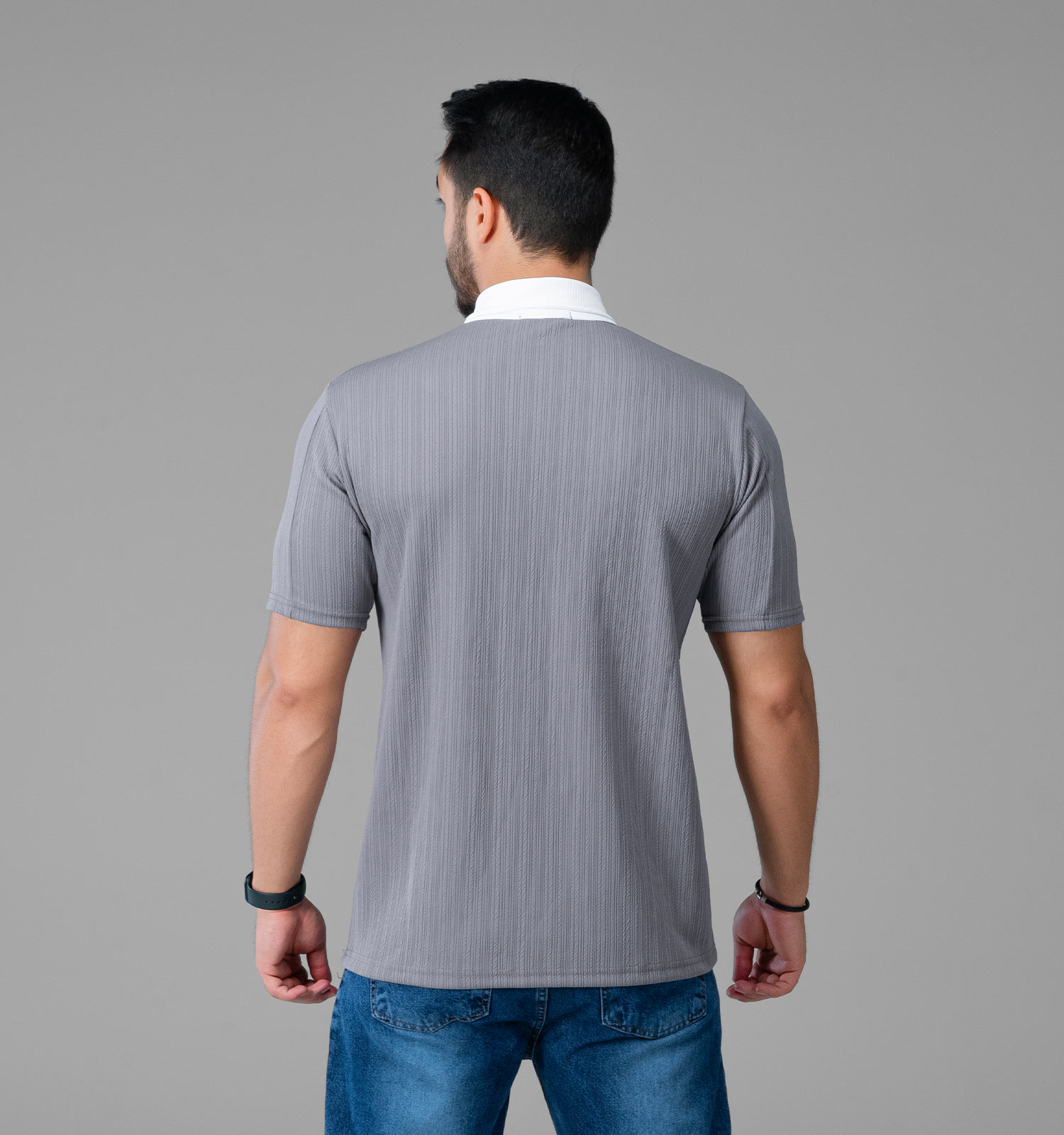 تیشرت مراکشی یقه دار مردانه طوسی طرح دار مدل 47937