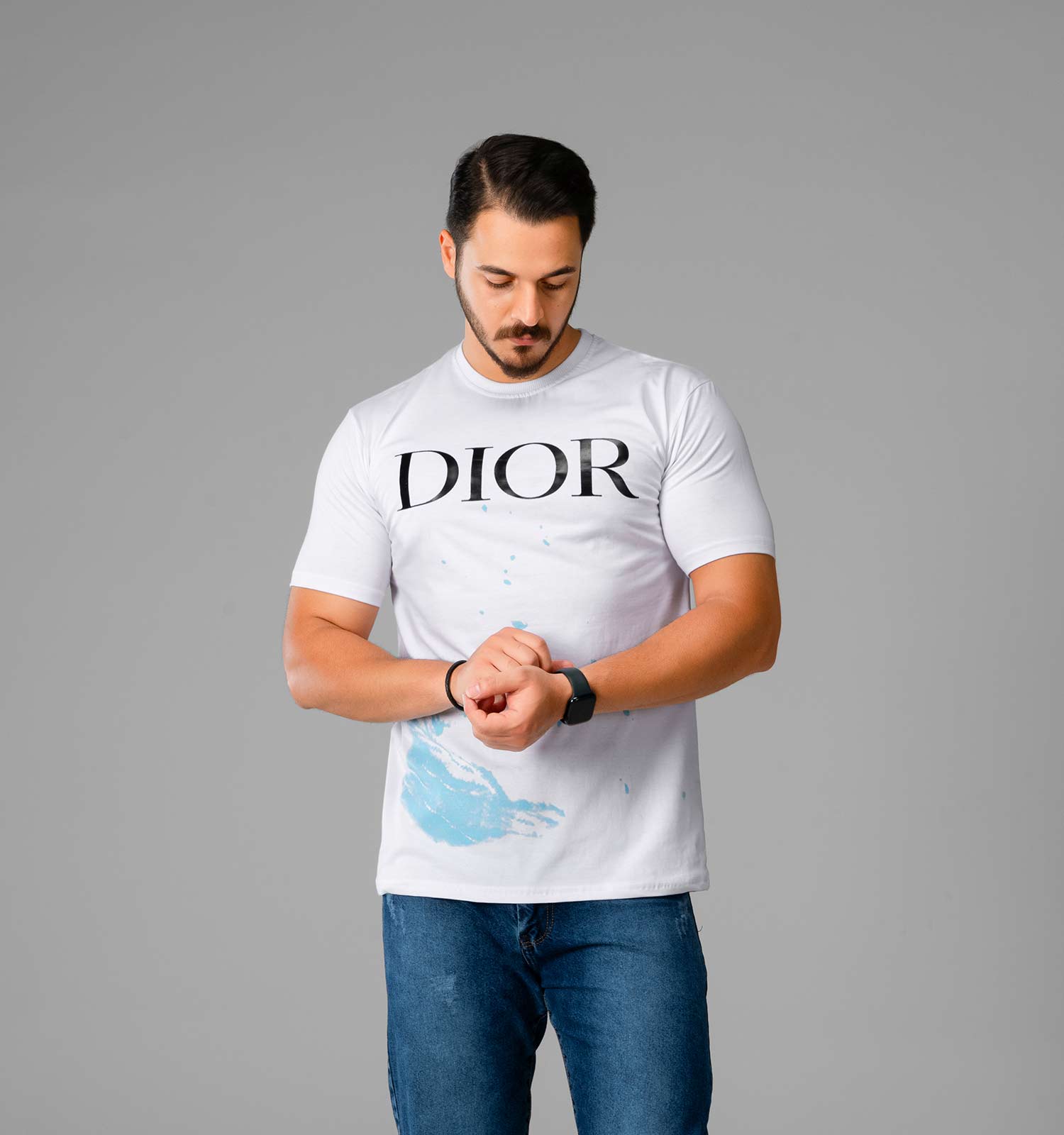 تیشرت نخ پنبه یقه گرد Dior مردانه سفید طرح دار مدل 47796