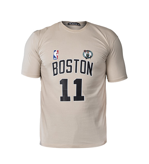 تیشرت نخ پنبه یقه گرد Boston مردانه کرمی طرح دار مدل 47803
