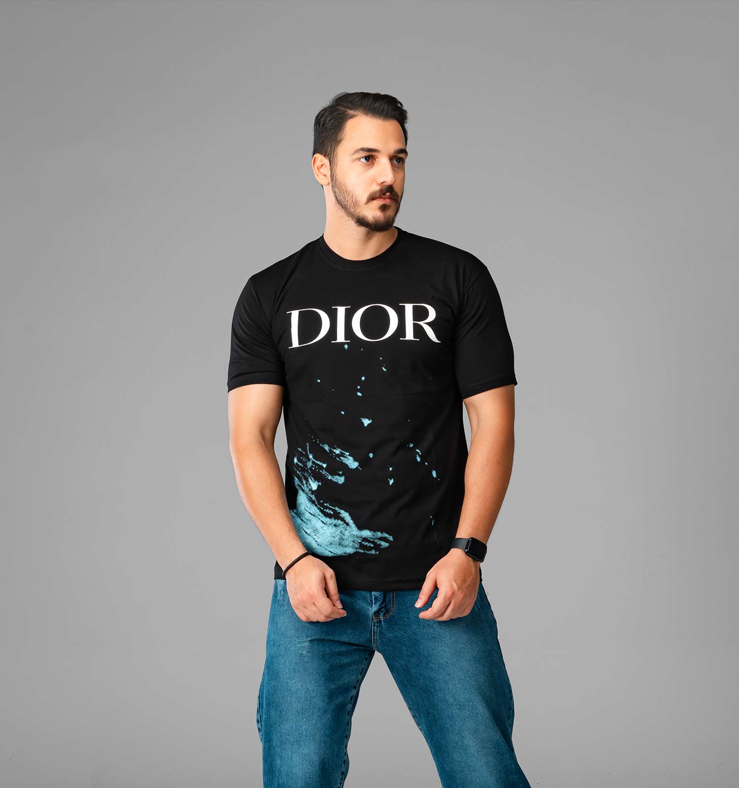 تیشرت نخ پنبه یقه گرد Dior مردانه مشکی طرح دار مدل 47797